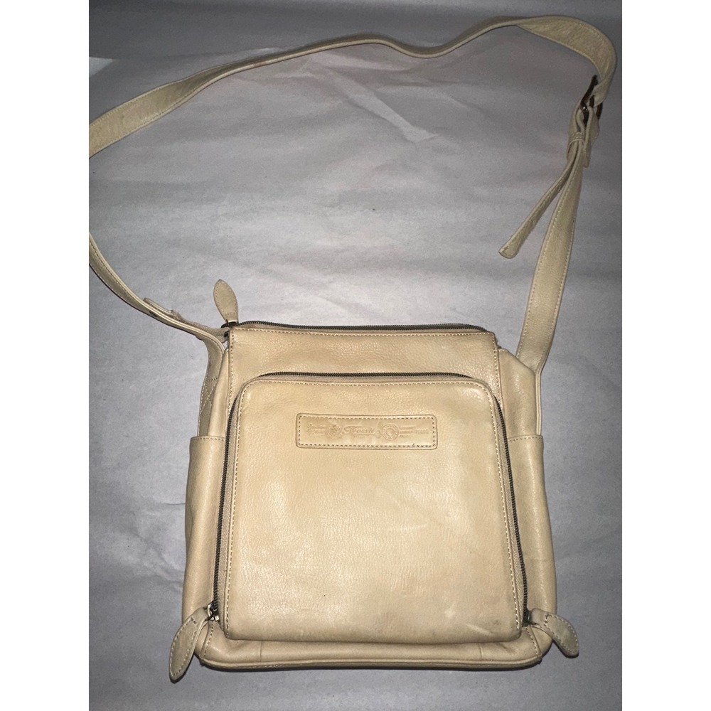 Fossil Cream Leather Crossbody Bag Organizer Purse Brass Key Charm Multi-Pocket